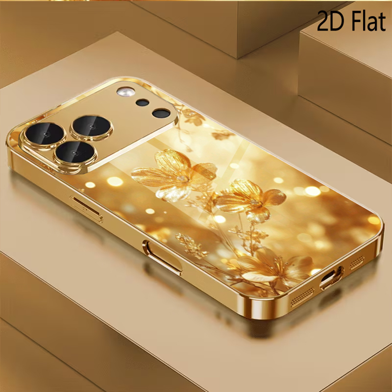 Phone Cases That Cover The Camera - تصميم الزجاج المقوى بنقشة الزهرة الذهبية